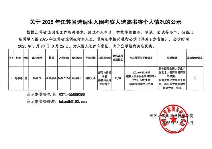 河南大学关于 2025 年江苏省选调生入围考察人选情况的公示