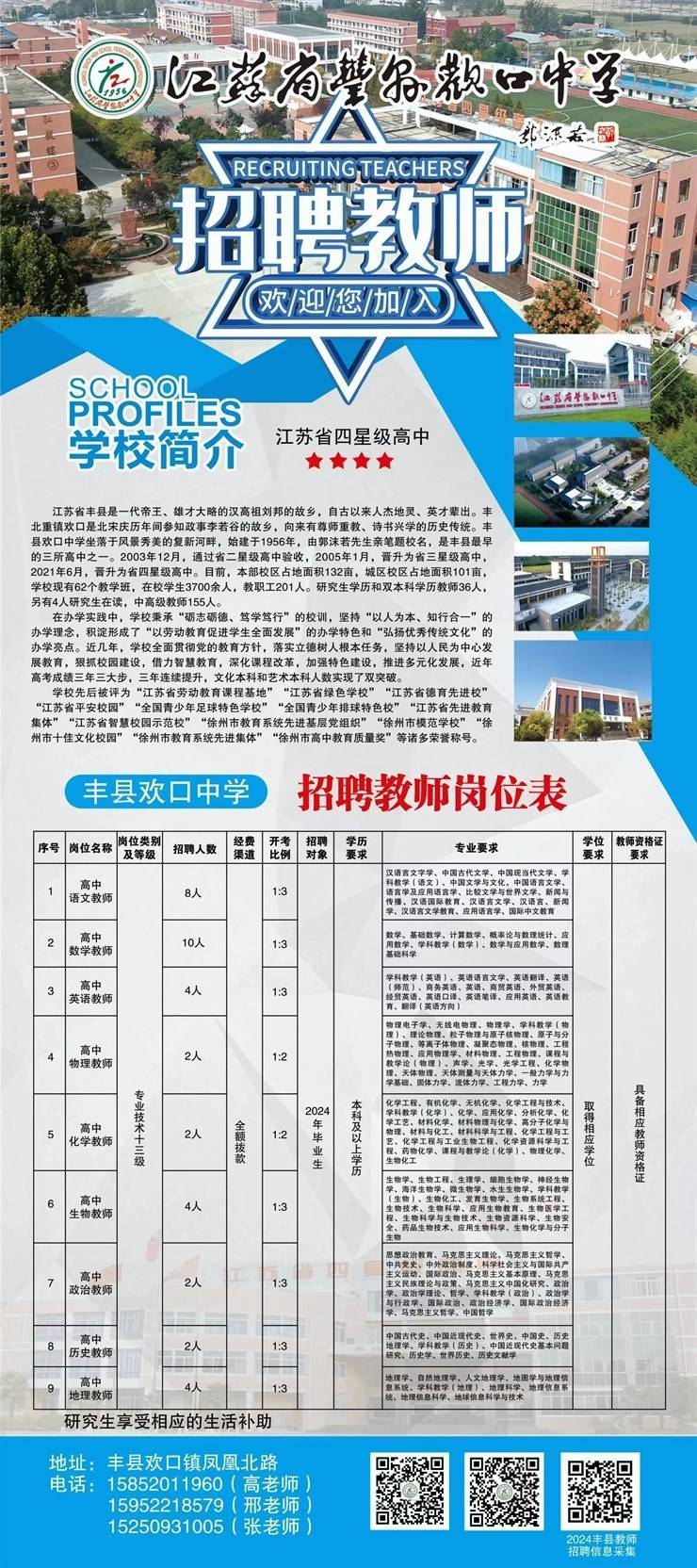 江苏省徐州市丰县欢口中学招聘教师40名公告