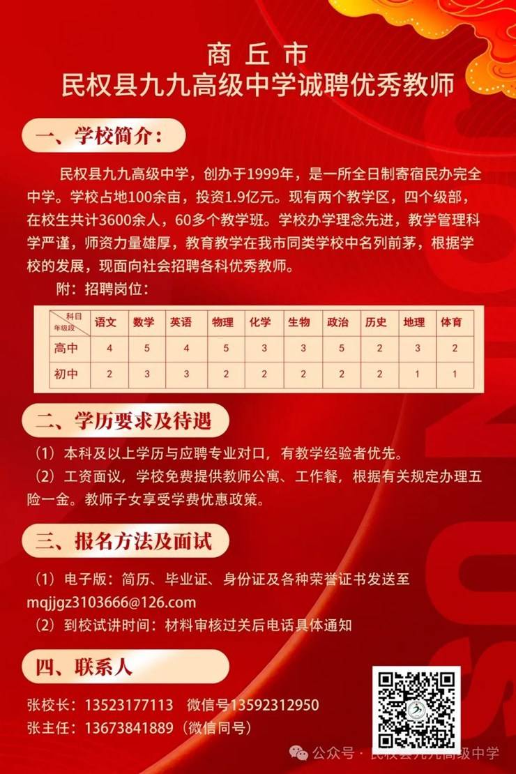 民权县九九高级中学2025年春季教师招聘公告