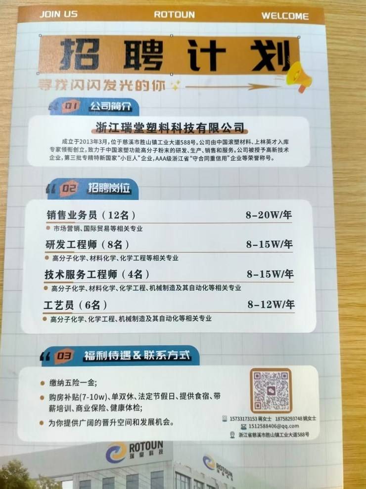 <p>N</p>  <table> <tr><td colspan="6">JOINUS ROTOUN WELCOMEI招聘计划.关闪闪发光的你+- .\'00 公司简行I浙江瑞堂塑料科技有限公司成立于2013年3月,位于慈溪市胜山镇工业大道588号。公司由中国滚塑材料、上林英才入库专家领街创立,致力于中国滚塑功能高分子粉末的研发、生产、销售和服务。公司被授予高新技术企业,第三批专精特新国家“小巨人”企业,AAA级浙江省“守合同重信用"企业等荣誉称号。</td> </tr> <tr><td></td> <td colspan="2"></td> <td></td> <td colspan="2"></td> </tr> <tr><td>02招聘岗位</td> <td colspan="2"></td> <td></td> <td colspan="2"></td> </tr> <tr><td colspan="5">销售业务员(12名) 8-20W/年</td> <td></td> </tr> <tr><td colspan="5"> 市场营销、国际贸易等相关专业研发工程师(8名) 8-15W/年</td> <td></td> </tr> <tr><td colspan="5"> 高分子化学、材料化学、化学工程等相关专业</td> <td></td> </tr> <tr><td colspan="5">技术服务工程师(4名) 8-15W/年 高分子化学、材料化学、化学工程、机械制造及其自动化等相关专业</td> <td></td> </tr> <tr><td colspan="5">工艺员(6名) 8-12W/年</td> <td></td> </tr> <tr><td colspan="5"> 高分子化学、化学工程、机械制造及其自动化等相关专业</td> <td></td> </tr> <tr><td colspan="2">福利待遇&联系方式</td> <td colspan="3"></td> <td></td> </tr> <tr><td colspan="2">“03</td> <td></td> <td colspan="3"></td> </tr> <tr><td colspan="5">☐ 缴纳五险一金 a 购房补贴(7-10w)、单双休、法定节假日、提供食宿、带</td> <td></td> </tr> <tr><td colspan="5">话薪培训、商业保险、健康体检;15733173153蒋女士 18758293748姚女士</td> <td></td> </tr> <tr><td colspan="6"> 为你提供广阔的晋升空间和发展机会。区1512588406@qq.com2浙江省慈溪市胜山镇工业大道588号</td> </tr> <tr><td colspan="3">C ROTOUN拔量料</td> <td colspan="3"></td> </tr> </table>