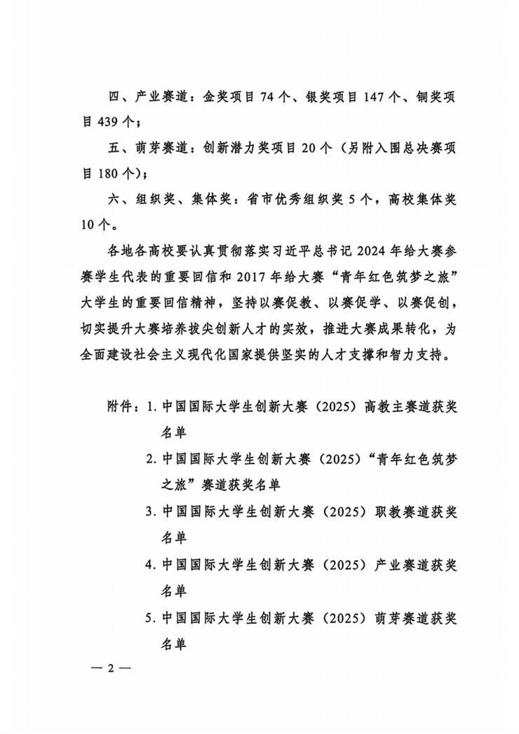 教育部关于公布中国国际大学生创新大赛（2025）获奖名单的通知