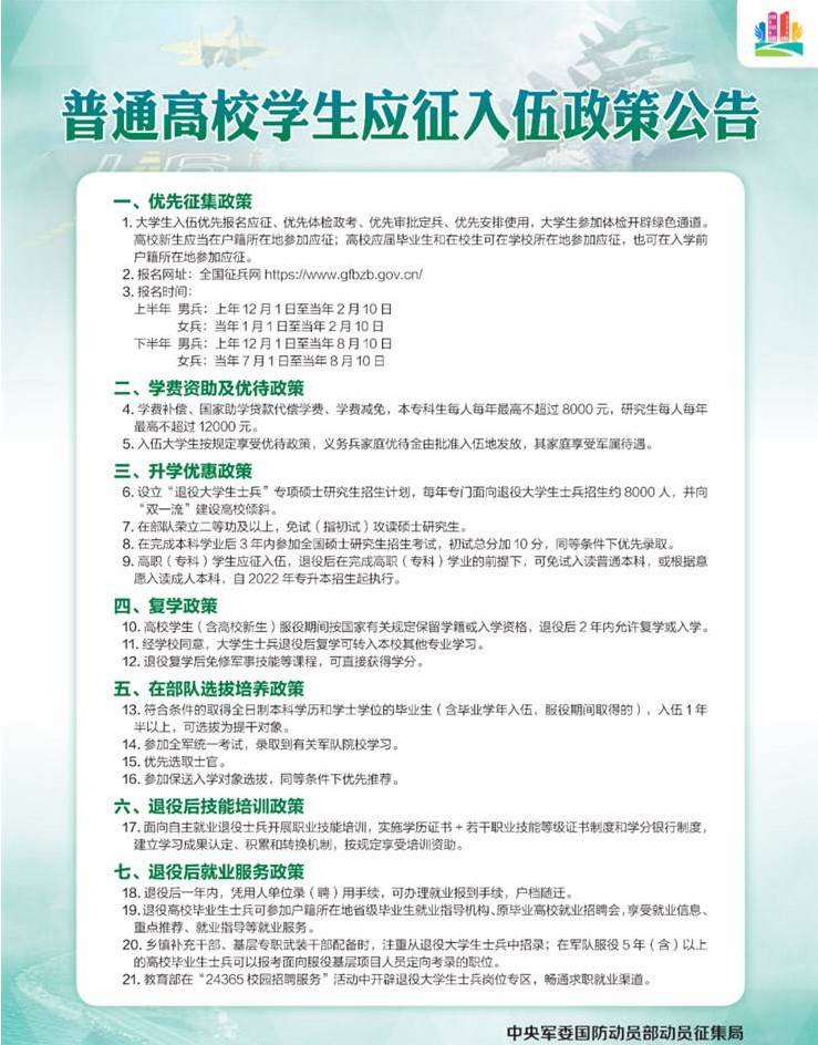 普通高校学生应征入伍政策公告